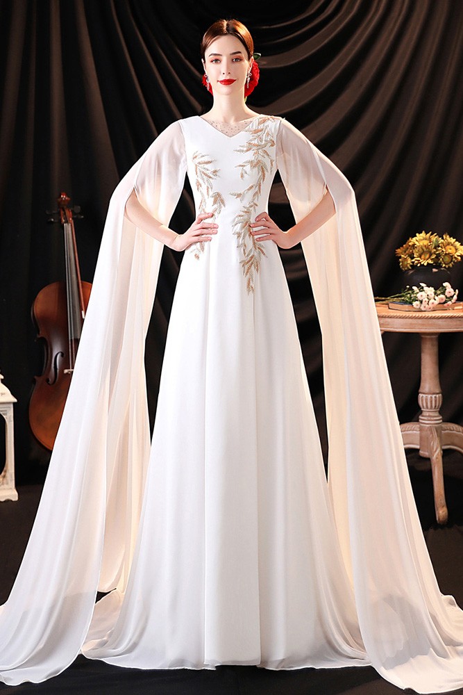 Stunning Flowy Long Cape Sleeved Evening Formal Dress with Embroidery ...