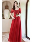 Modest Square Neck Aline Long Red Prom Dress with Short Sleeves