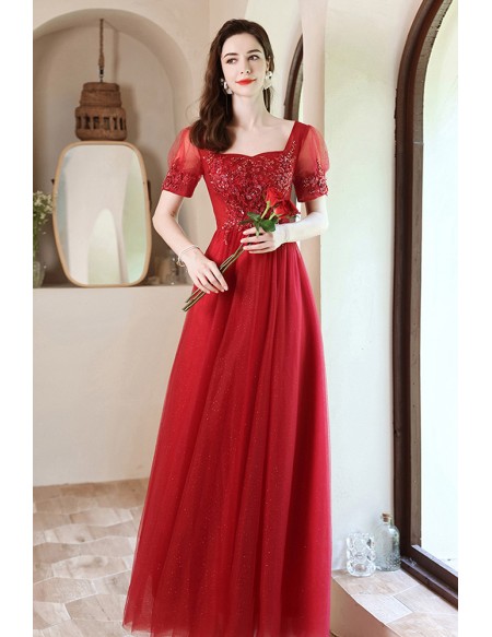 Modest Square Neck Aline Long Red Prom Dress with Short Sleeves