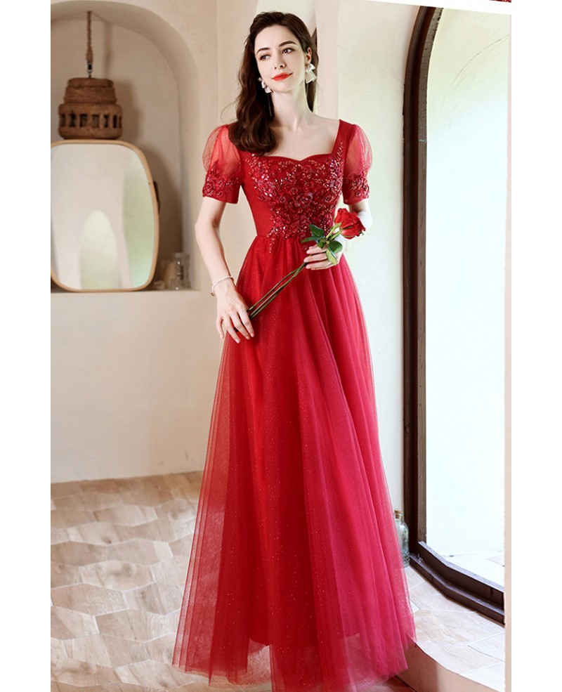 Beaded Bodice Long Sleeve 3D Rose Red Prom Dress - Xdressy