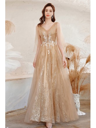 Modest Gold Sequined Vneck Evening Prom Dress with Dolman Sleeves