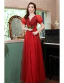 Bling Tulle Red Aline Long Prom Dress with Beaded Appliques Short Sleeves