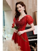 Bling Tulle Red Aline Long Prom Dress with Beaded Appliques Short Sleeves