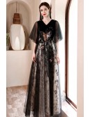 Long Black Modest Prom Dress Vneck with Sequined Butterfly