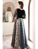 Long Black Modest Prom Dress Vneck with Sequined Butterfly