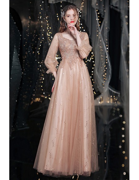 Elegant Rose Gold Bling Sequined Aline Prom Dress with Lantern Sleeves
