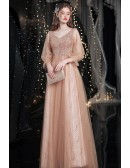Elegant Rose Gold Bling Sequined Aline Prom Dress with Lantern Sleeves