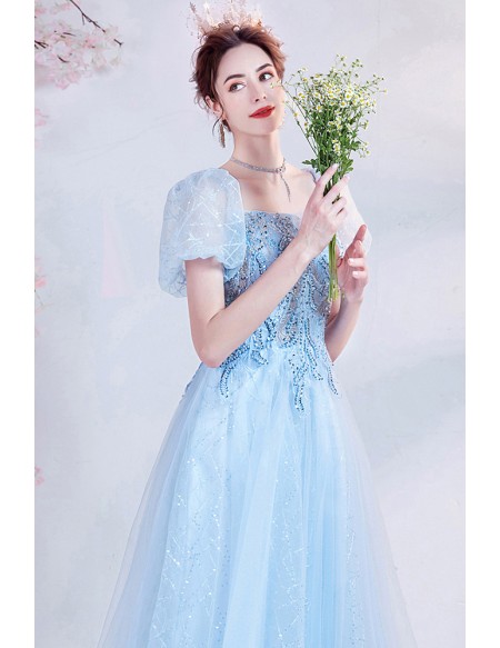 Beautiful Light Blue Tulle Prom Dress Square Neck with Bubble Sleeves