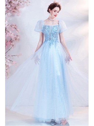 Beautiful Light Blue Tulle Prom Dress Square Neck with Bubble Sleeves
