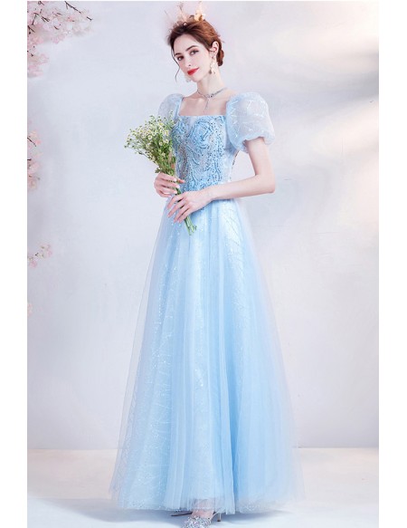 Beautiful Light Blue Tulle Prom Dress Square Neck with Bubble Sleeves ...
