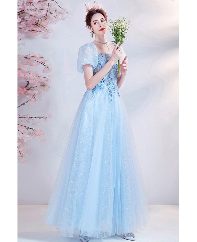 Beautiful Light Blue Tulle Prom Dress Square Neck with Bubble Sleeves ...