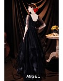 Vneck Black Ruffled Formal Occasion Dress with Puffy Sleeves
