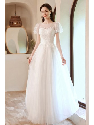 Pretty Ivory White Pleated Aline Wedding Prom Dress with Bubble Sleeves