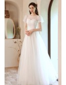 Pretty Ivory White Pleated Aline Wedding Prom Dress with Bubble Sleeves
