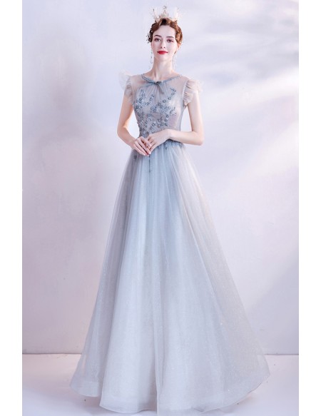 Gorgeous Ligth Blue Tulle Aline Prom Dress with Beaded Flowers