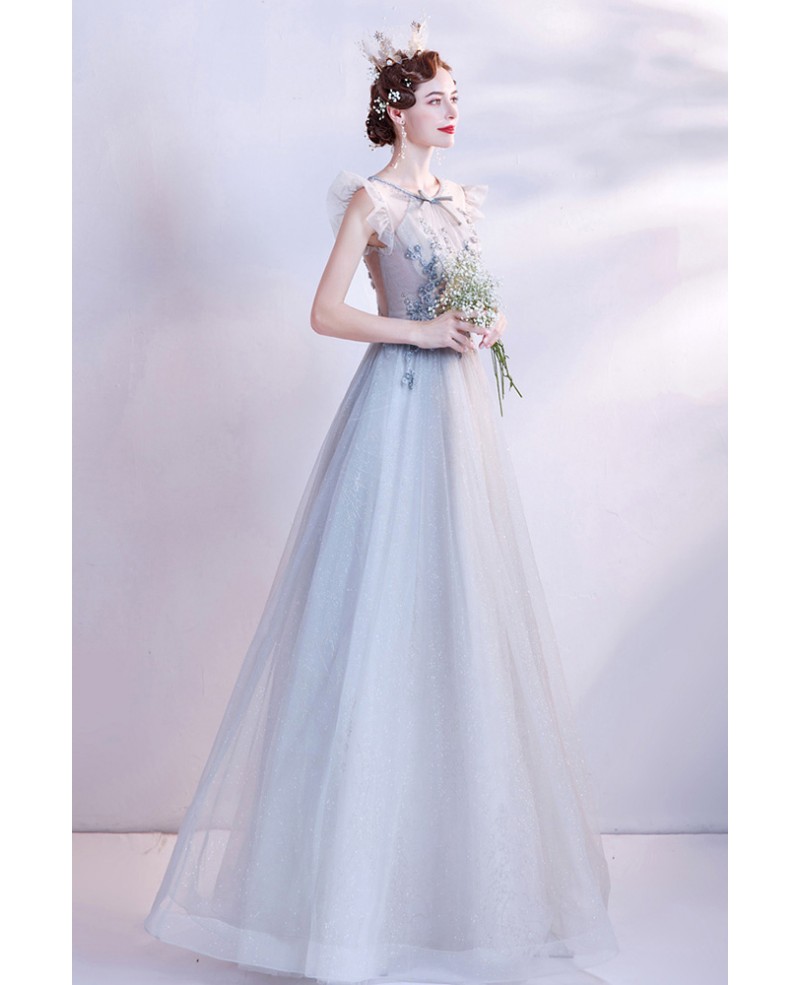 Gorgeous Ligth Blue Tulle Aline Prom Dress with Beaded Flowers ...