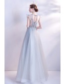 Gorgeous Ligth Blue Tulle Aline Prom Dress with Beaded Flowers