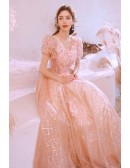 Dreamy Pink Bling Sequins Ball Gown Prom Dress with Bubble Sleeves