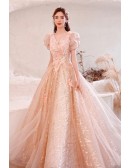 Dreamy Pink Bling Sequins Ball Gown Prom Dress with Bubble Sleeves
