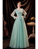 Flowy Green Tulle Vneck Prom Dress Modest with Long Sleeves Flowers