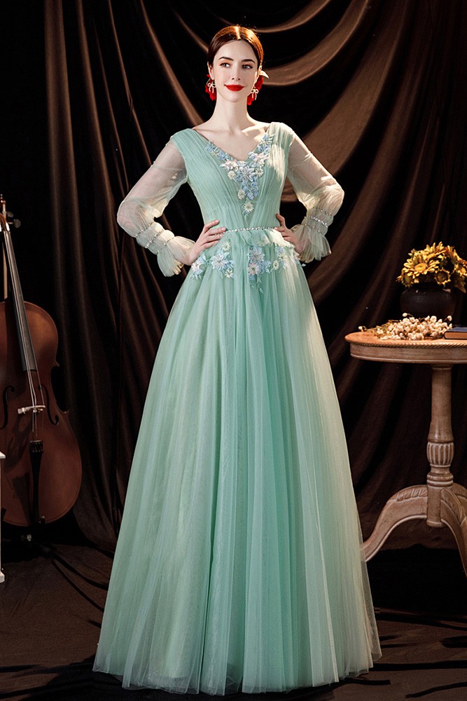 slim fit dress slacks A-Line Off Shoulder Tulle Lace Green Long Prom Dress, Green Long Forma –  dresstby main image 1