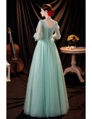 Flowy Green Tulle Vneck Prom Dress Modest with Long Sleeves Flowers