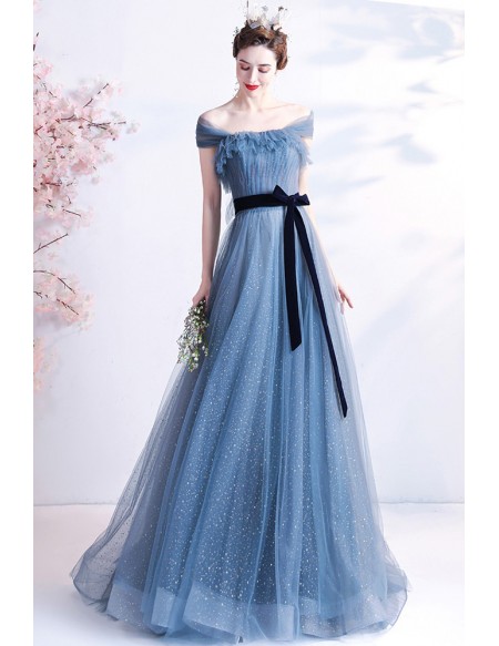Elegant Mist Blue Tulle Off Shoulder Prom Dress with Bow Knot Sash