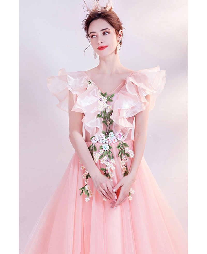 pale pink neel length poofy dress with crystal belt