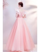 Fairytale Pink Tulle Ball Gown Prom Dress with Puffy Sleeves Flowers
