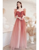 Romantic Ombre Red Tulle Aline Prom Dress with Square Neck Bubble Sleeves