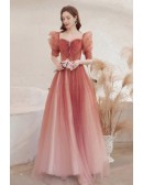Romantic Ombre Red Tulle Aline Prom Dress with Square Neck Bubble Sleeves