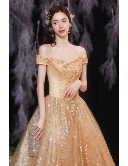Gold Off Shouler Embroidered Ballgown Prom Dress with Bling Sequins