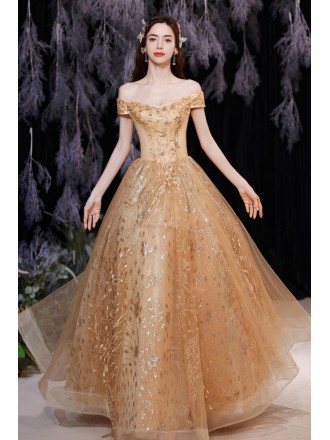 Gold Off Shouler Embroidered Ballgown Prom Dress with Bling Sequins