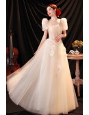 Dreamy Long Tulle Gorgeous Champagne Prom Dress with Square Neck Flowers