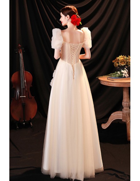 Dreamy Long Tulle Gorgeous Champagne Prom Dress with Square Neck Flowers
