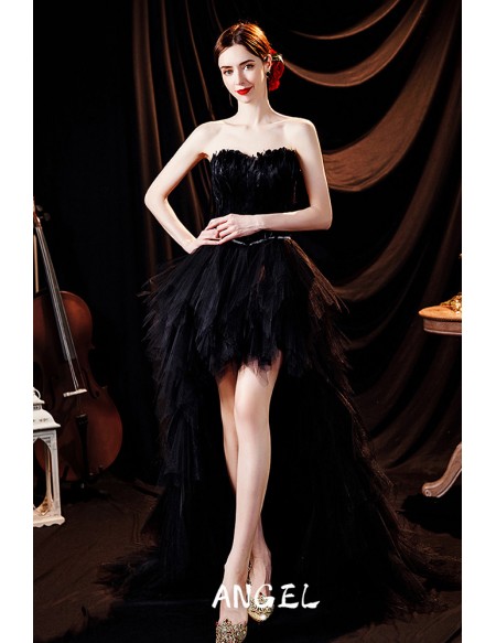 Unique Black High Low Prom Dress Long Train with Feathers