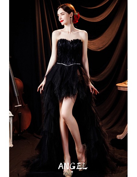 Unique Black High Low Prom Dress Long Train with Feathers