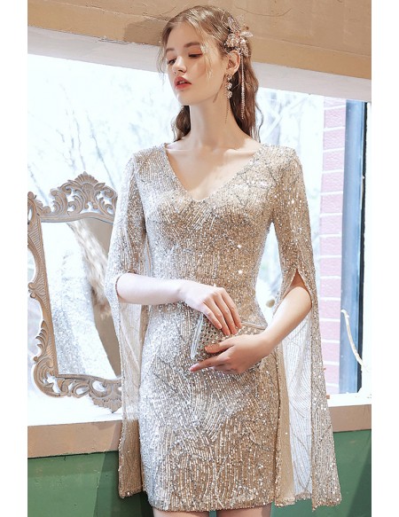 Shining Gold Mini Bodycon Elegant Vneck Party Dress with Dolman Sleeves