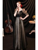 Romantic Bling Black Tulle Aline Long Prom Dress with Bubble Sleeves