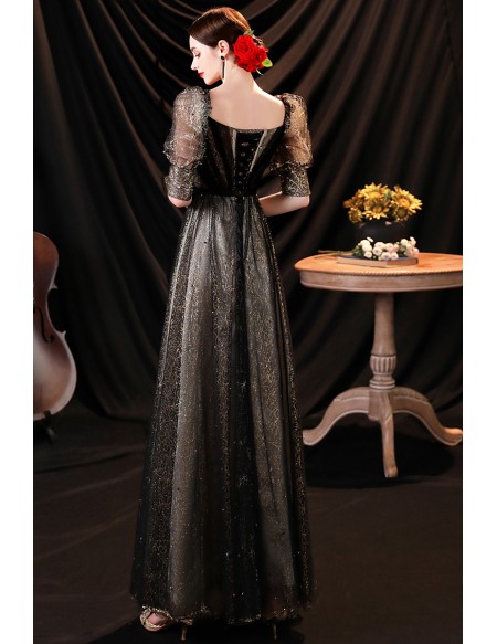 Romantic Bling Black Tulle Aline Long Prom Dress with Bubble Sleeves