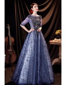 Bling Blue Sequined Pattern Ballgowm Prom Dress with Sheer Half Sleeves