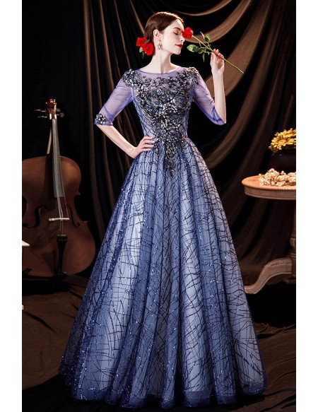 Bling Blue Sequined Pattern Ballgowm Prom Dress with Sheer Half Sleeves
