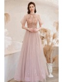 Headed Halter Pink Tulle Cute Prom Dress with Bling Sequins