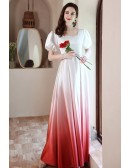 Elegant Ombre White Red Satin Formal Occasion Dress with Bubble Sleeves