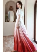 Elegant Ombre White Red Satin Formal Occasion Dress with Bubble Sleeves