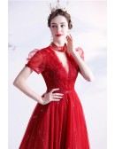 Red Tulle Bling Sequins Tea Length Party Prom Dress with Bubble Sleeves