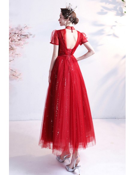 Red Tulle Bling Sequins Tea Length Party Prom Dress with Bubble Sleeves