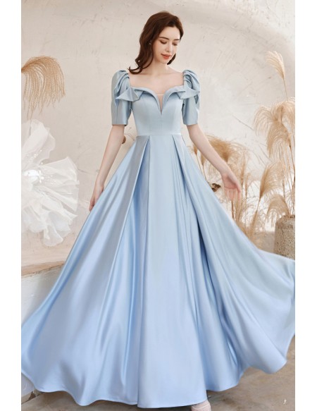 Pleated Blue Satin Square Neck Simple Prom Dress with Short Sleeves
