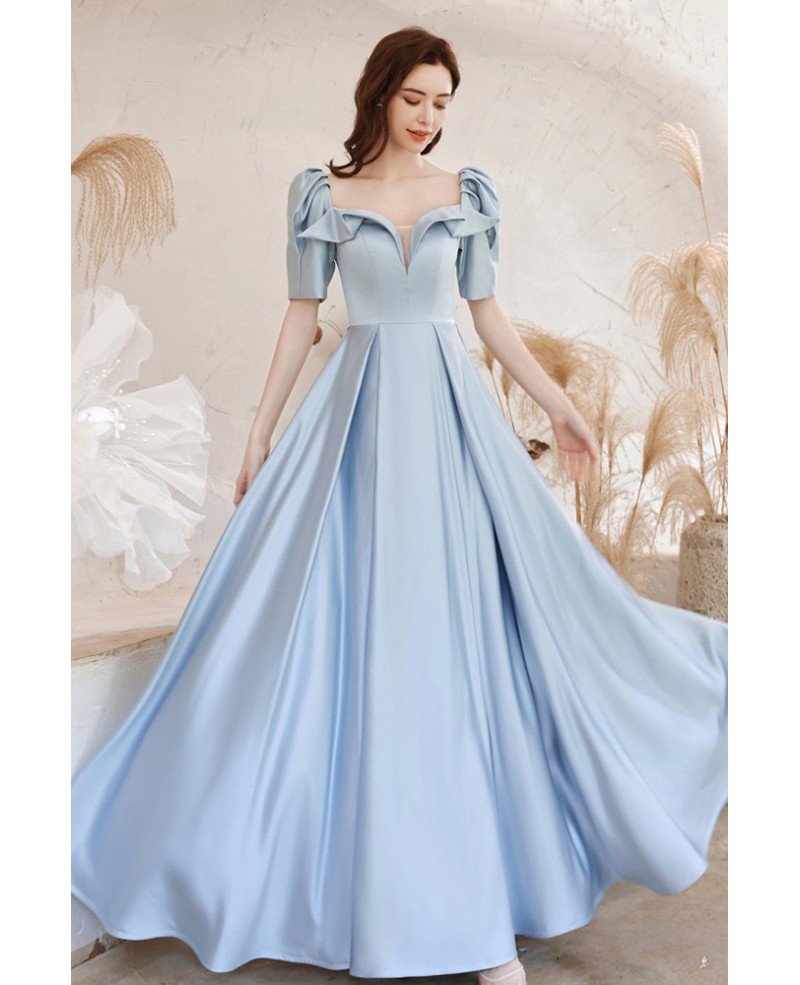 Ocean Blue Puff Sleeves Off the Shoulder Simple Prom Dresses with Pear –  SheerGirl