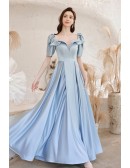 Pleated Blue Satin Square Neck Simple Prom Dress with Short Sleeves